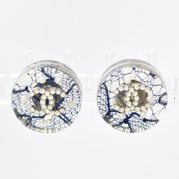 CHANEL Authentic Blue Pearl Logo Earrings